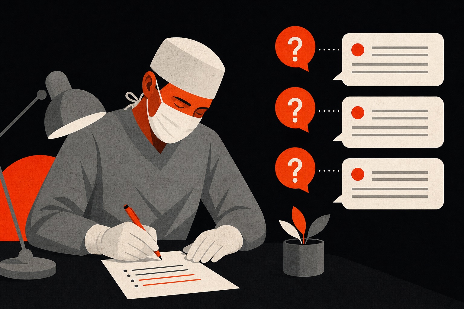 성형외과 의사가 FAQ 답변을 쓰고 있는 모습
